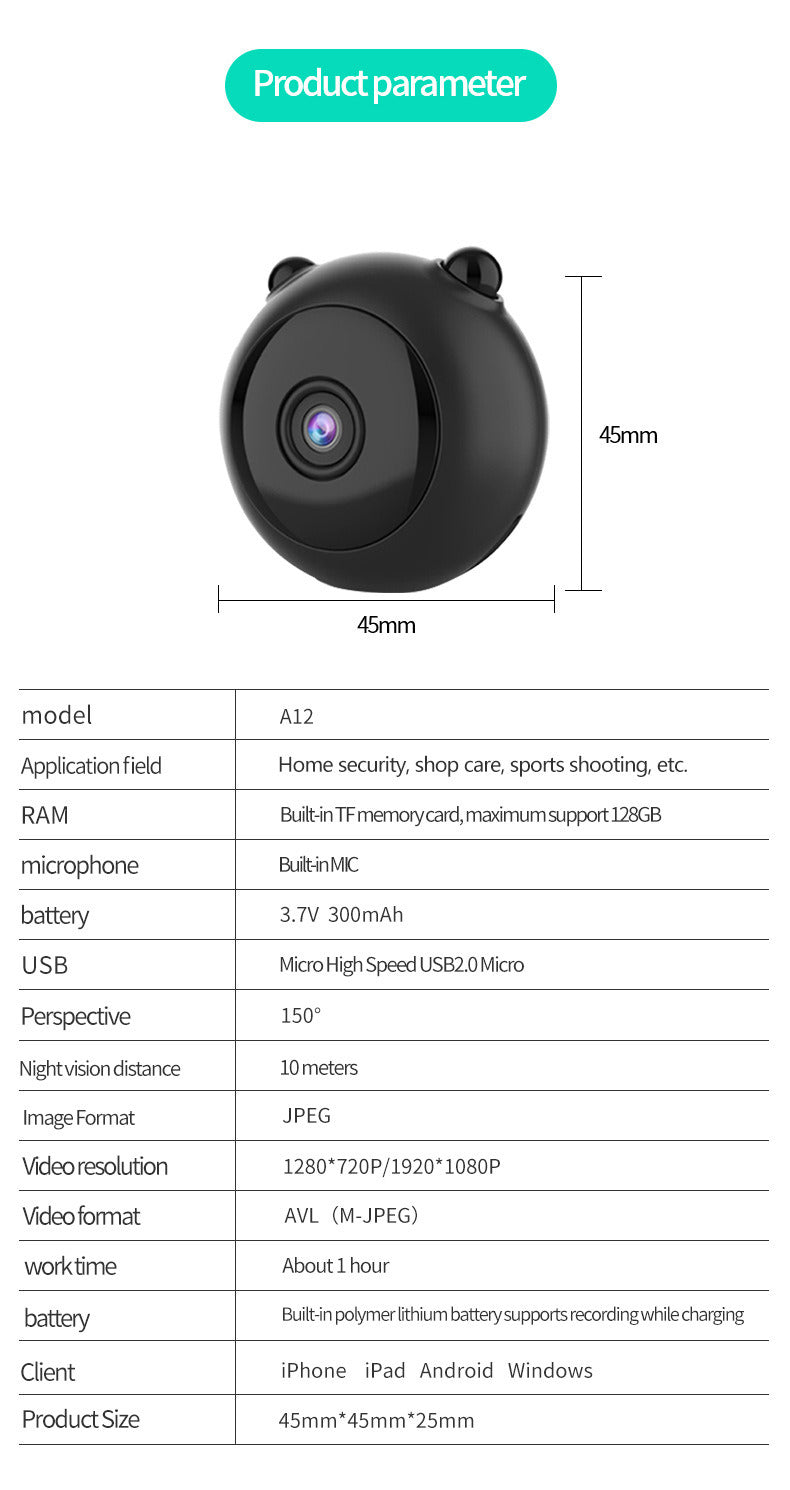 Mini caméra de surveillance sans fil HD Wifi IR Vision nocturne infrarouge