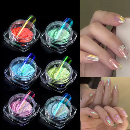 Poudre à ongles effet miroir sirène transparente 6 couleurs, effet miroir
