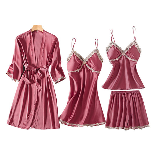 Ensemble de pyjama 4 pièces en satin de soie pour femme | Pyjama en satin de soie de haute qualité | Ensemble luxe satin de soie femme | Vêtements de nuit chic et élégant en satin | Pyjama confortable en satin pour femme | Pyjama 4 pièces avec robe de chambre et masque de sommeil | Ensemble de pyjama respirant et léger | Pyjama satin de soie élégant pour nuit paisible | Vêtements de détente en satin de soie pour femme | Pyjama luxe satin pour soirées relaxantes
