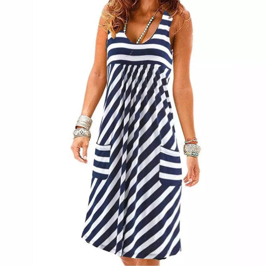 Women's Fashionable Striped Summer Dress, Loose, Simple, Sleeveless
