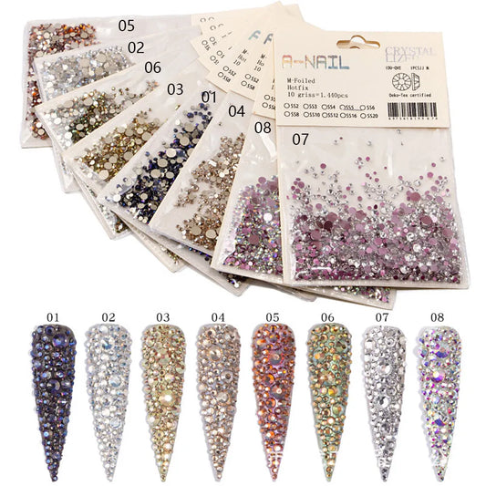 Lot de 1 440 pierres précieuses décoratives pour nail art 3D, tailles variées, non thermocollantes