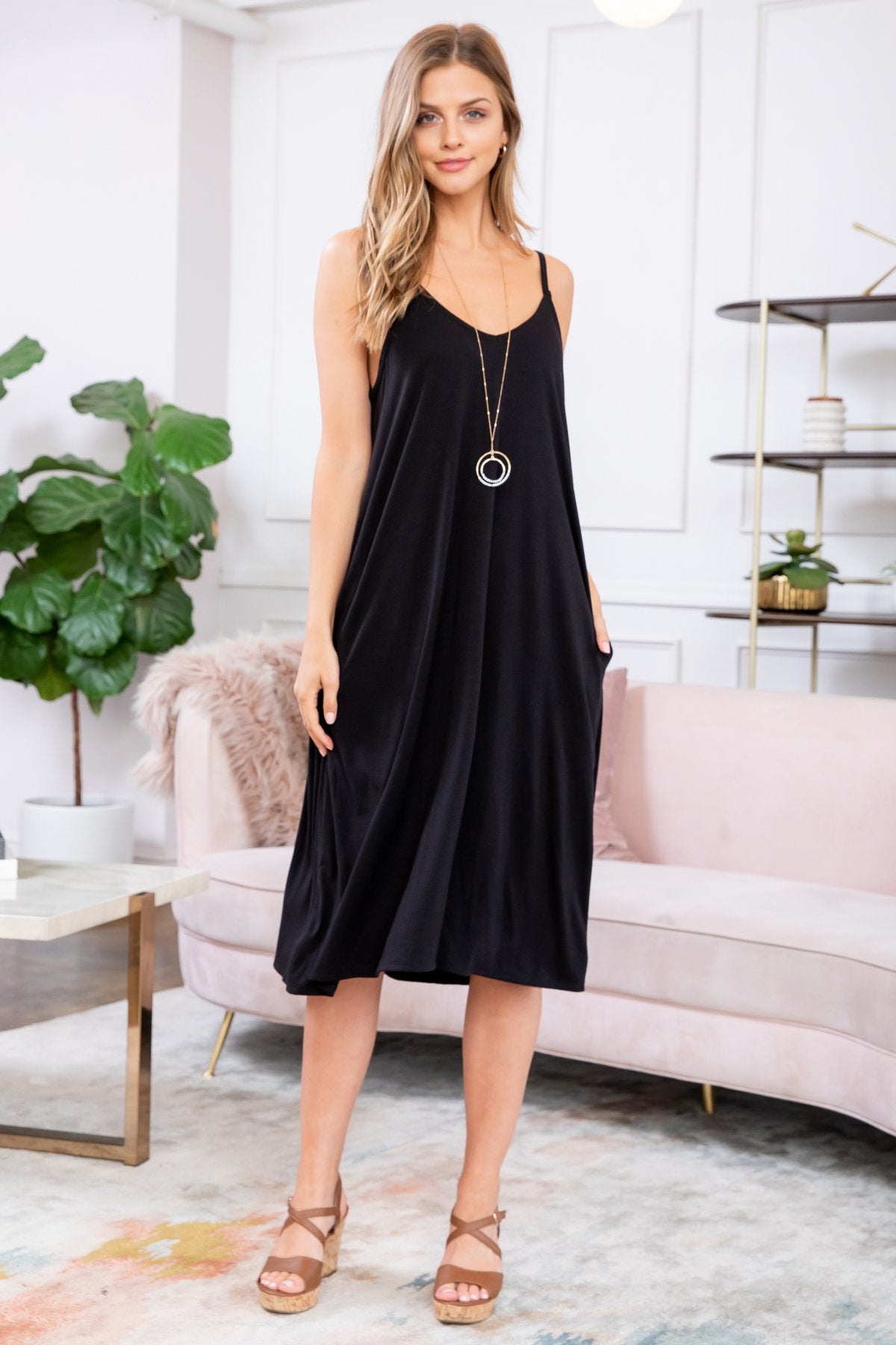 Premium Fabric V-Neck Cami Knee Length Dress