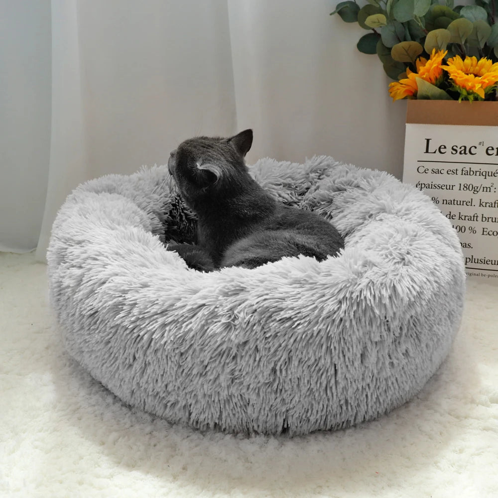 Lit pour chat en peluche long et rond, niche d'hiver douce et chaude pour chiots, 50/60/70 cm