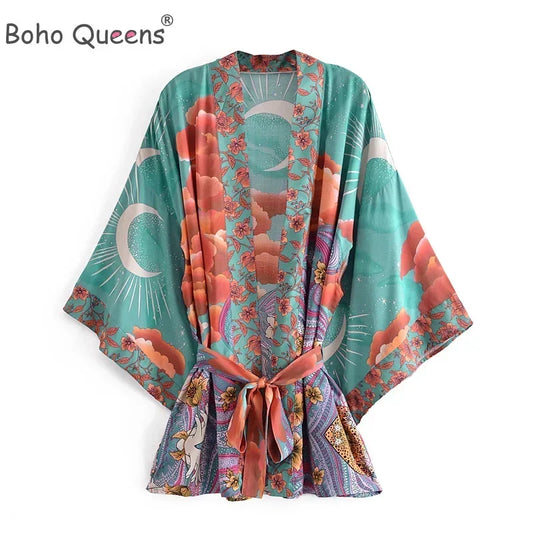 Robe kimono bohème à manches chauve-souris et imprimé floral pour femme, col en V