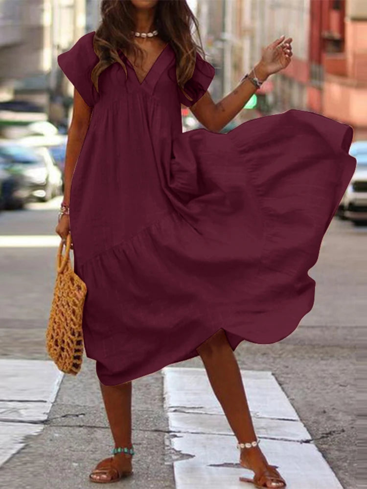 Women's Bohemian Summer Dress V Neck Ruffle Midi Asymmetrical Dress