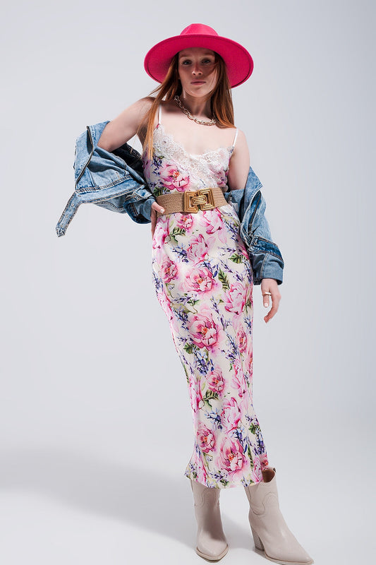 Robe mi-longue en satin à imprimé roses roses et dos en V